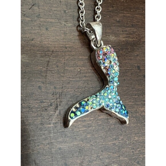 Mermaid Tail Necklace Pink Green Blue Shiny Silver Plated Rhinestones Fish Tail - Picture 4 of 8